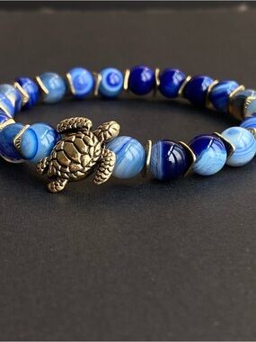 Blue Agate Turtle Bead Stretch Bracelet by